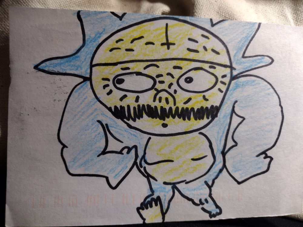 A badly drawn, humanoid Sonic the Hedgehog, with a yellow face, mustache, and an upside-down cross on his head, looking up and to his right, while running. 