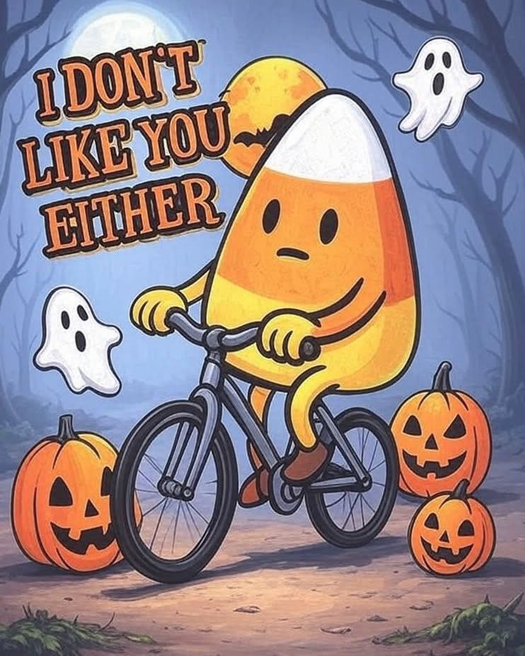 Candy corn riding a bike with the caption "I don't like you either."