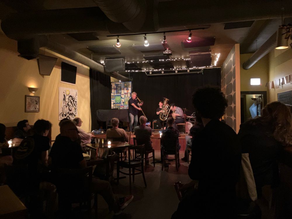 An improvising trio of horns at the Hungry Brain, Chicago, on a Sunday night. 