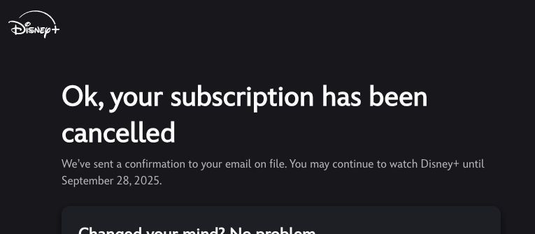 A screen shot of the Disney+ cancellation confirmation page.