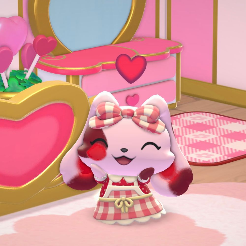 Hello Kitty Island Adventure bunny character - pink with red spots, red checkered bow on top of head with red checkered dress