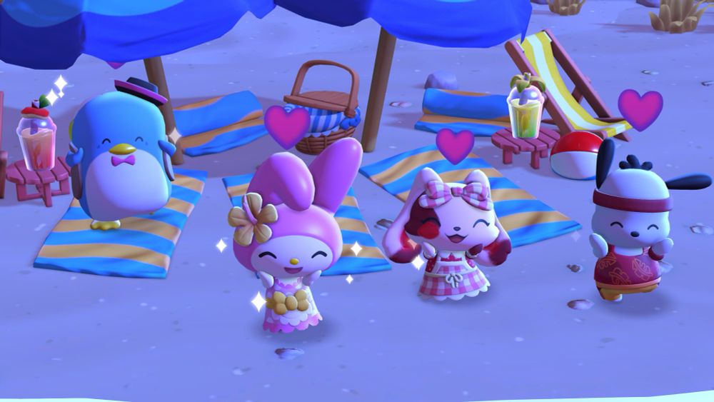 Beach photo op with Tuxedosam, My Melody, my bunny character and Pochacco (from left to right) 