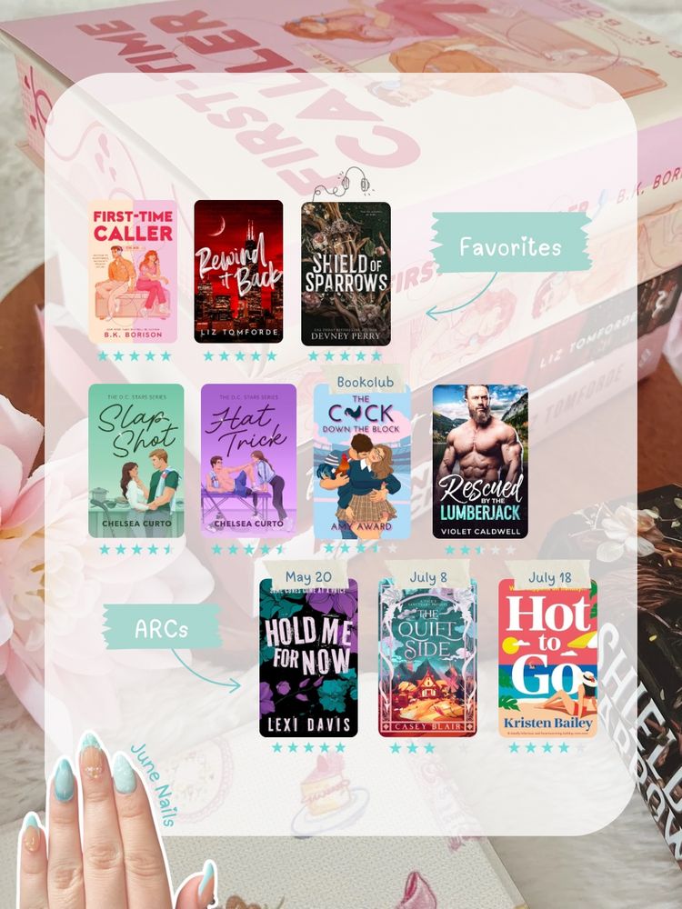 Favorites: 
• 5 ⭐️ First Time Caller by B.K Borison
• 5 ⭐️ Rewind It Back by Liz Tomforde,
• 5 ⭐️ Shield of Sparrows by Devney Perry
[Rest of the month reads]
• 4.5 ⭐️ Slap Shot by Chelsea Curto
• 4.5 ⭐️ Hat Trick by Chelsea Curto
• [Bookclub Choice] 3.5 ⭐️ The Cock Down The Block by Amy Award
• 2.5 ⭐️ Rescued by the Lumberjack by Violet Caldwell
[ARCs from Netgalley]
• 5 ⭐️ Hold Me For Now by Lexi Davis
• 3 ⭐️ The Quiet Side by Casey Blair 
• 4 ⭐️ Hot to Go by Kristen Bailey