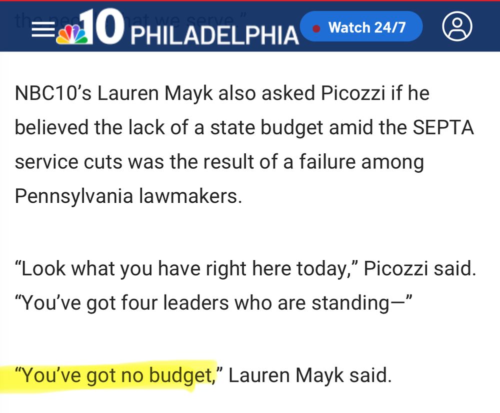 NBC10's Lauren Mayk also asked Picozzi if he believed the lack of a state budget amid the SEPTA service cuts was the result of a failure among Pennsylvania lawmakers.

"Look what you have right here today," Picozzi said. "You've got four leaders who are standing-"

"You've got no budget," Lauren Mayk said.