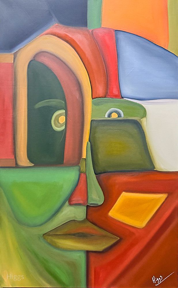 An abstract face, use of bold colors and geometric patterns to create the face...it is looking in horror at what is going on in this country