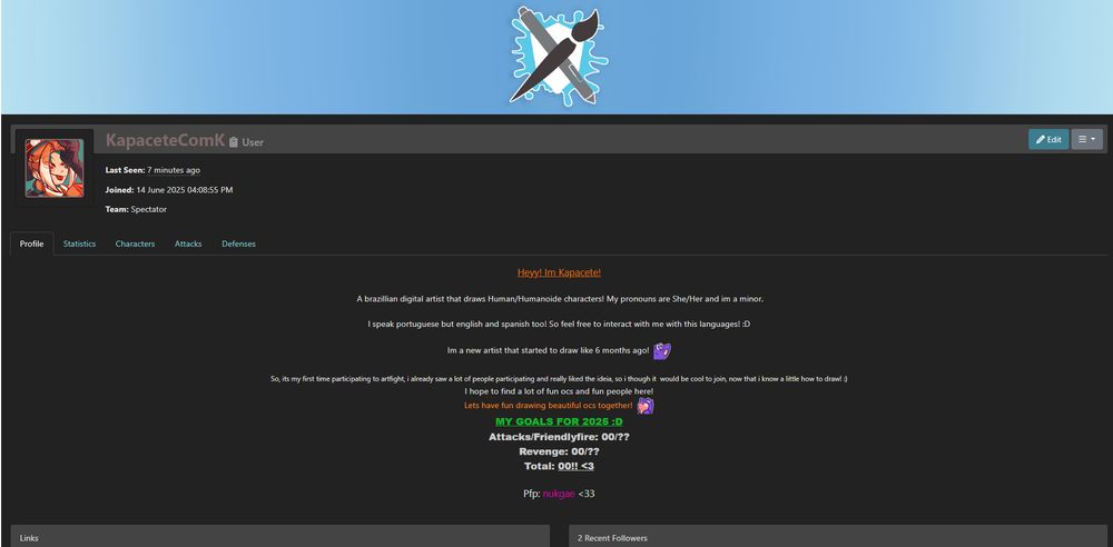 Um print do meu perfil no ArtFight! :D Se quiser ir pra lá mais fácil, o link pro meu perfil vai tá nos comentários desse post!