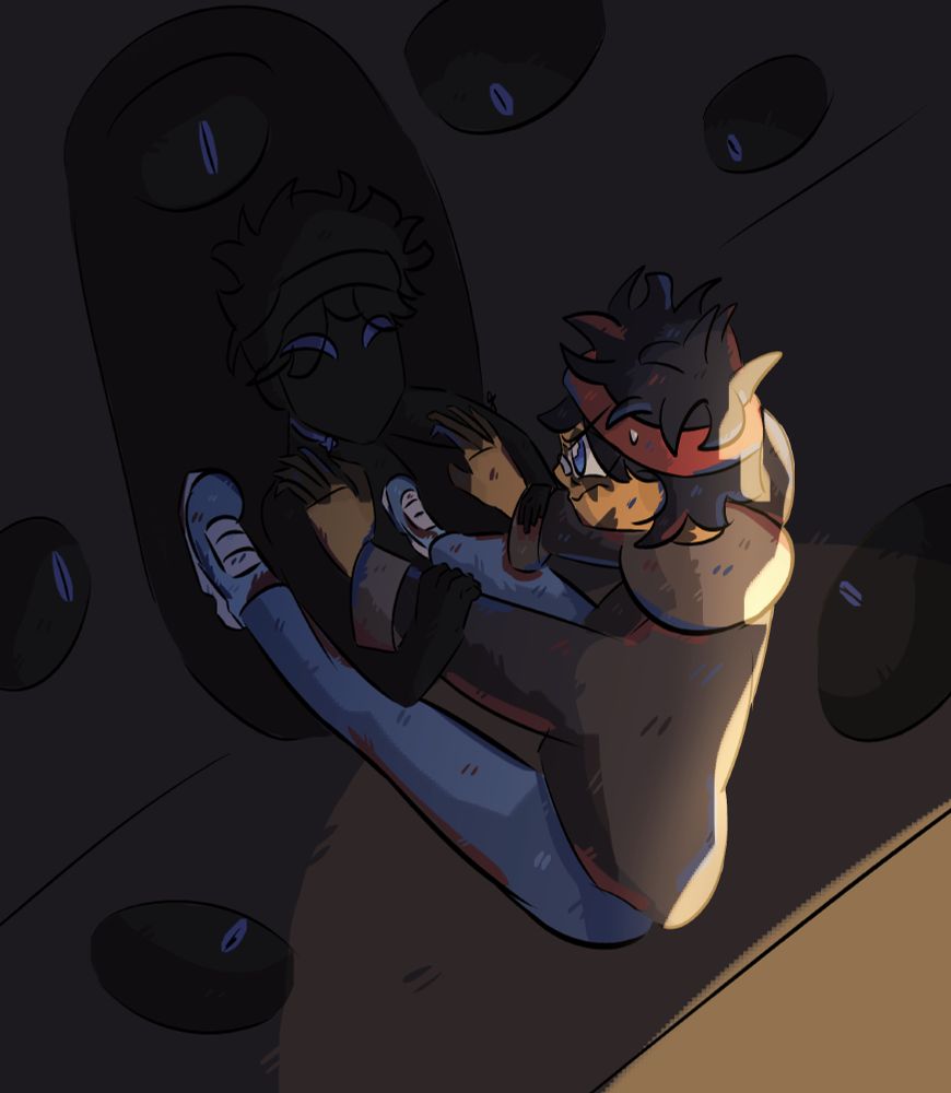 Its Nico Disparu!! Oc by Bluesquirl!! Its him with his shadow trying to control him! His shadow has blue eyes and a lot of other eyes in the room! Nico has a black/dark blue hair, a gray t-shirt with blue pants and blue shoes, the scenario its a black room with a light from the back of Nico, and thats it! I hope i explained well! <33 