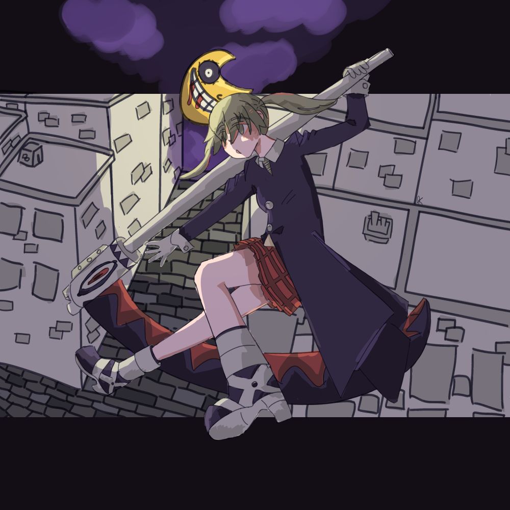 Desenho da personagem "Maka" de "Soul Eater" "Pulando" (?) segurando sua foice com a perna esquerda mais próxima da tela, o cenário é uns prédios vistos de cima meio de lado e no fundo uma lua meio louquinha das ideias observando 