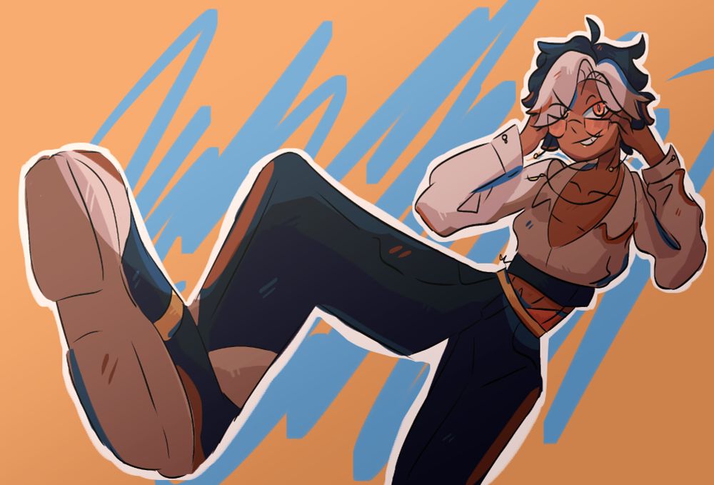 Desenho do Oc Marcel do Nuk para o Artfight! :D Ele tem o cabelo curtinho azul escuro com as pontas brancas, tá segurando com as duas mãos um óculos laranja, ele tá usando uma camisa social larga branca com uma calça jeans (eu acho) azul escuro, a pose dele tá meio de lado com o sapato branco e azul escuro bem próximo da câmera, o fundo é laranja com um rabiscos (não sei como definir isso) em azul, bom, é isso! Espero que tenha dado para entender! :D