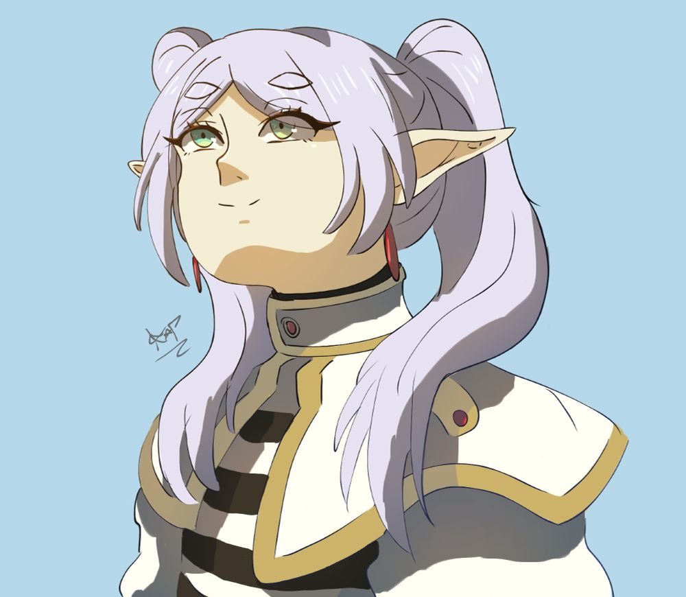 Desenho da trend da Frieren de desenhar a cabeça dela vista de baixo, como todas as outras arte dessa trend, ela tá meio de lado vista de baixo, a minha versão, ela tá sorrindinho (oq de certa forma acho que tá meio fora do personagem dela mas ok kdjsadk) olhando pra cima, ela tem duas marias chiquinhas brancas, a roupinha é branca também com detalhes dourados e listras pretas, ela tem olhos verdes, tem algumas joias vermelhas e o fundo é um azul bem clarinho, acho que é isso! Espero q tenha dado pra entender! :)