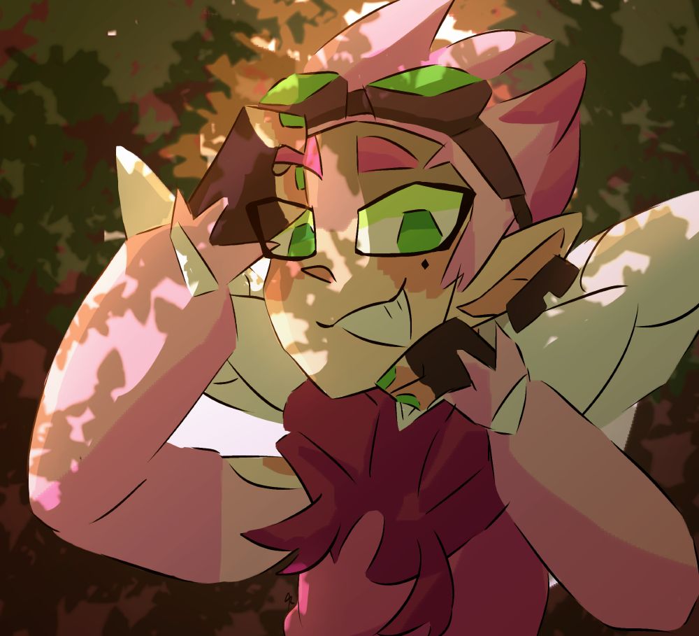 A drawing of Cebeli for ArtFight!! Oc by dev! :D She has a short pink hair, with a green with a little of black in some parts, shes looking at the camera with a smile and her green eyes, she has white fairy wings, and shes using a pink sweatshirt with a scarf (idk if its that the name of this xd) that is a darker pink, and the background is some gigant trees, and i think thats it!! Thank u for reading all that and i hope i explained well!! :))