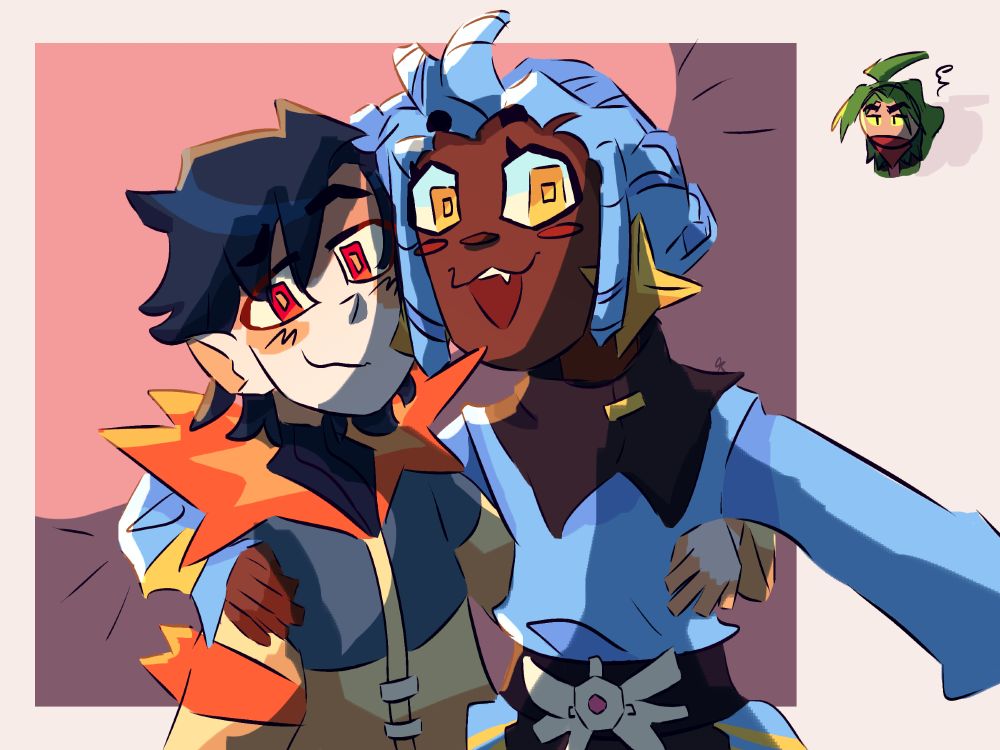 Its a drawing of Comet(the little one from the left) Vega (the silly one from the right) and Grovyle (the tiny little silly one that is back there in them left) for Artight!! Ocs by dev too! :D Comet has a short blue/black hair, hes looking at the camera with a silly little smile and with his red eyes, he has uhhh idk the name of this but he has a thing on top of his sweatshirt that is orange, his sweatshirt on top is blue and below is some king of yellow, he has a orange ribbon on his right arm too, hes hugging Vega with his left arm :D Vega has a blue tied hair with two yellow "stars" in it, shes staring at the camera too with a cute smile and she has yelow eyes, she has a black thing (idk the name) on top of her blue long sleeve t-shirt (idk if it says like that-) she has a black belt in her waist with white thing in it (srry idk the name of the things-) and shes huging back comet with her left arm! The silly little grovyle is veery distant from the camera annoyed staring at these two being cute, he has a long green hair, green eyes, he has a dark pink/red scarf and below it another one but its a dark green, and hes t-shirt is a lighter green, the background its just a white place with a pink square, and well, i think thats it! Srry for the gigant explanation- but i hope i explained in a good way for u to undestand it anyway! <33