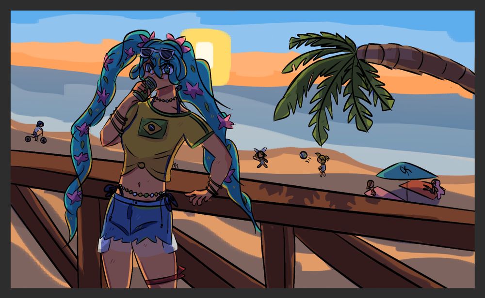 Aqui já era o desenho praticamente completo da Miku! Mas eu decide tirar o cara do sorvete que tava no meio e colocar os dois irmãos (gêmeos eu acho) que tem no grupo da Hastune Miku mesmo! Achei que ia combinar mais na hora, coloquei as duas mocinhas sentadinhas debaixo do guarda-sol, de cabelo castanho na esquerda e a de cabelo rosa na direita, e o menino de cabelo azul andando de bicicleta ainda no canto esquerdo da imagem!