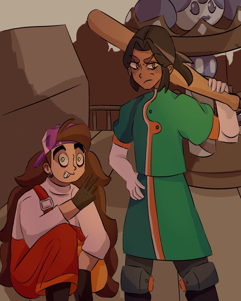 Desenho da Frankie e da Andi de Cavaleiros de Guinevere!! :D A Frankie tá na esquerda, agachada olhando pra câmera sorrindo fazendo a clássica pose de V com os dedos ou dois, enfim, a Andi tá na direita em pé olhando pra câmera com uma cara de brava, ela tá com a mão direita dela segurando na cintura, e a outra segurando um taco de beisebol (não pergunte exatamente o pq, eu só achei que seria legal kdsjdsk) o fundo é o carrosel (não sei exatamente se isso seria chamado assim (?) da própria Guinevere que também tá olhando pra câmera por motivos de não sei, o chão é só um cinza mesmo, tem uma construção atrás da Frankie meio cinza também (que não sei definir oq é aquilo) uma cerca mais pro fundo cinza também, e mais pro fundo ainda, um monte de construções marrons pq acabam não sendo muito definidas por estarem longe, é isso! Espero que tenham gostado! :D 