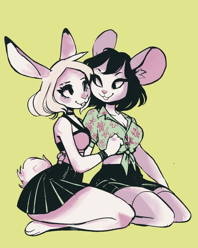 Illustration of a rabbit furry and mouse furry couple sitting together 