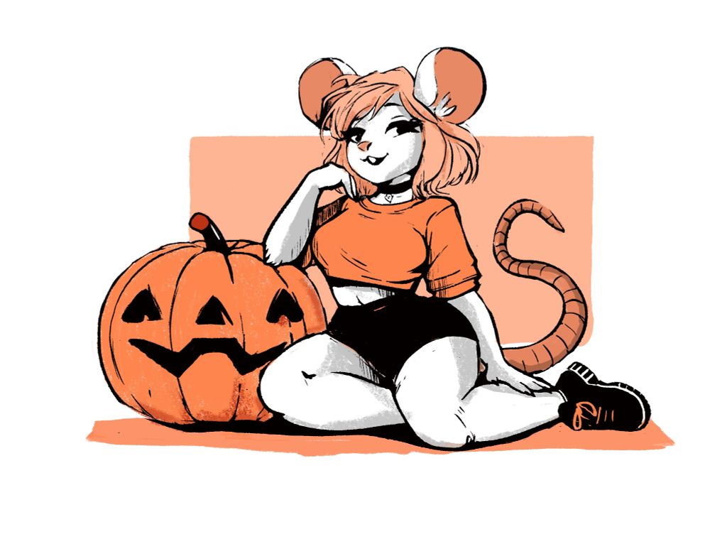 Illustration of a furry anthro mouse girl wearing shorts and cropped shirt and boots sitting beside pumpkin 