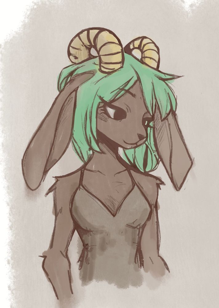 Illustration of a goat fursona anthro. Brown with mint hair looking passively wearing a brown tank top.