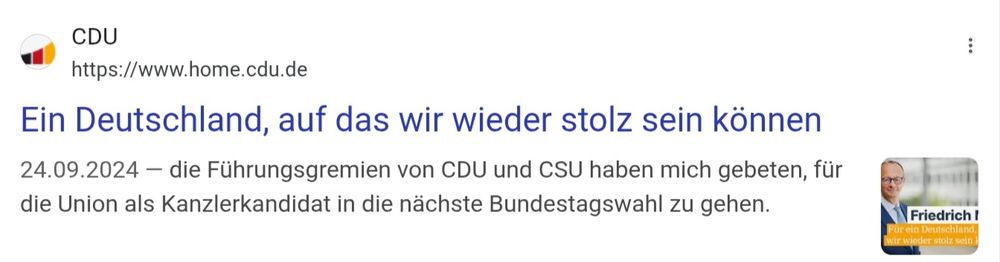 Screenshot einer Überschrift:

"Ein Deutschland, auf das wir wieder stolz sein können"

Am 24.09.2024 veröffentlicht von home.cdu.de 