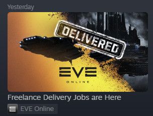 A screenshot of an update for Eve Online. The text reads: "Delivered! Freelance Delivery Jobs are Here"