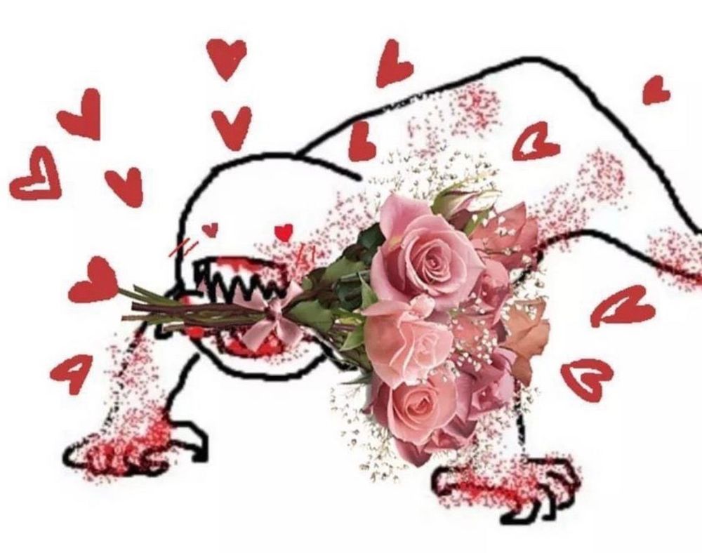 mspaint drawing of someone on all fours growling with heart eyes and a bouquet of flowers in its mouth 