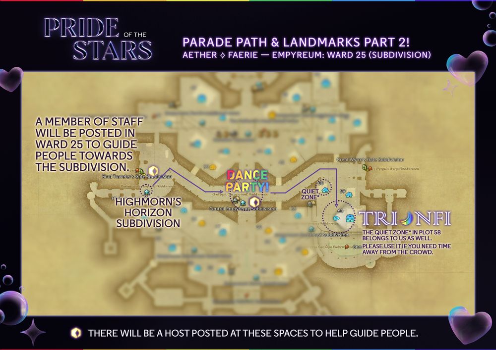A map of Empyreum marking the route of Trionfi's Pride Parade. 

A member of staff will be posted in ward 25 to guide people towards the subdivision, arriving at Highmorn's Horizon Subdivision. There, we will party in the middle of Empyreum and depart at 11:50PM EDT, heading towards the venue for the drag contest and performances for the evening.

Plot 58 is indicated as the Quiet Zone for this event. The Small, located next to Trionfi's Large at Plot 60, is circled next to the main venue.