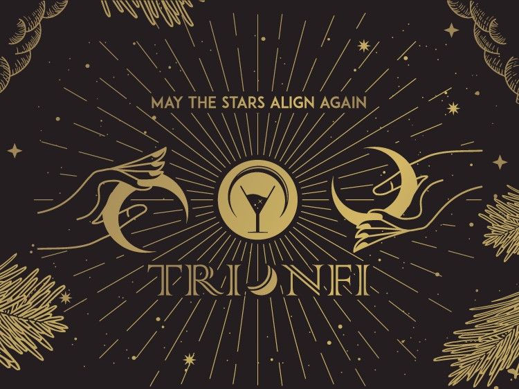 A banner of black background and pale gold depicting hands holding onto crescent moons is in view. In the middle lies Trionfi's logo - a martini glass with a thin crescent moon turned on its side to arc above it. The words above read "may the stars align again".