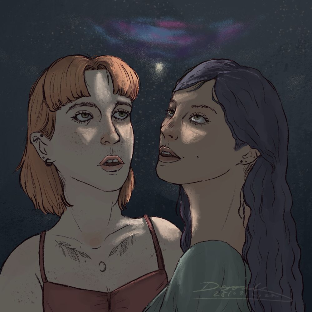 a digital drawing of two characters standing next too each other looking at the night sky. 