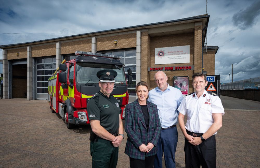 Infrastructure Minister Liz Kimmins is pictured with members of the Road Safety Strategic Forum at Newry Fire Station.