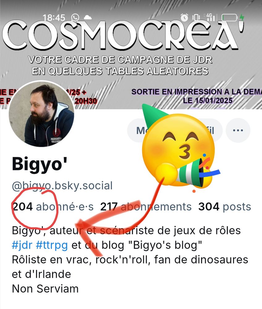 Une capture d'écran de mon profil avec le chiffre 204 entouré et fléché, et un smiley qui fait la fête.