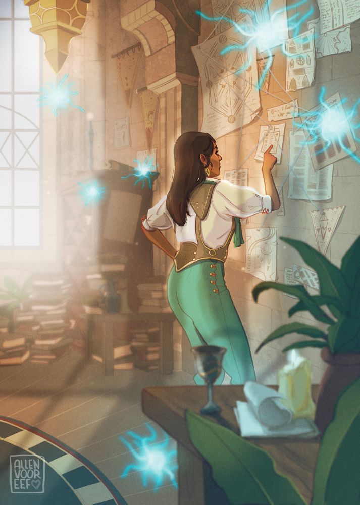 An illustration of Neve Gallus from Dragon Age the Veilguard. She's standing in her room in the Lighthouse, studying the many papers stuck to her wall, surrounded by wisps.