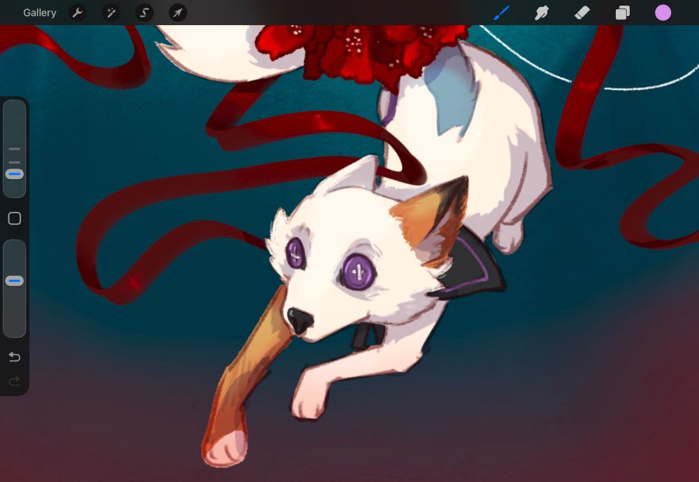 Procreate screenshot of a cropped work in progress artwork. It depicts Pin, Occtis’ fox familiar from Critical Role campaign 4, and some red ribbons.