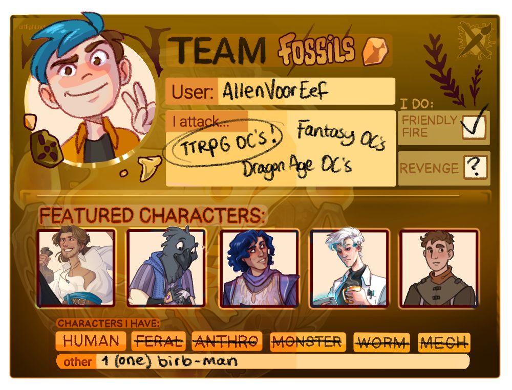 An ArtFight participation card for team Fossils. It has a chibi of me, and thumbnails of Raiden, Mus, Rook, Alex and Sigmar.