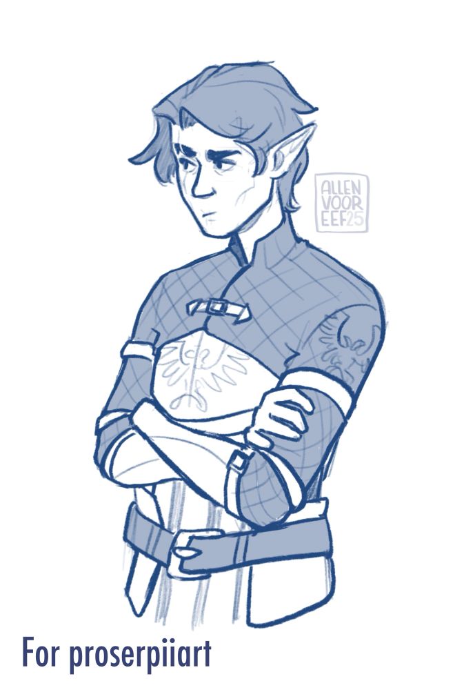 A blue tinted sketch of a character in Grey Warden armor with her arms crossed, looking unimpressed. 