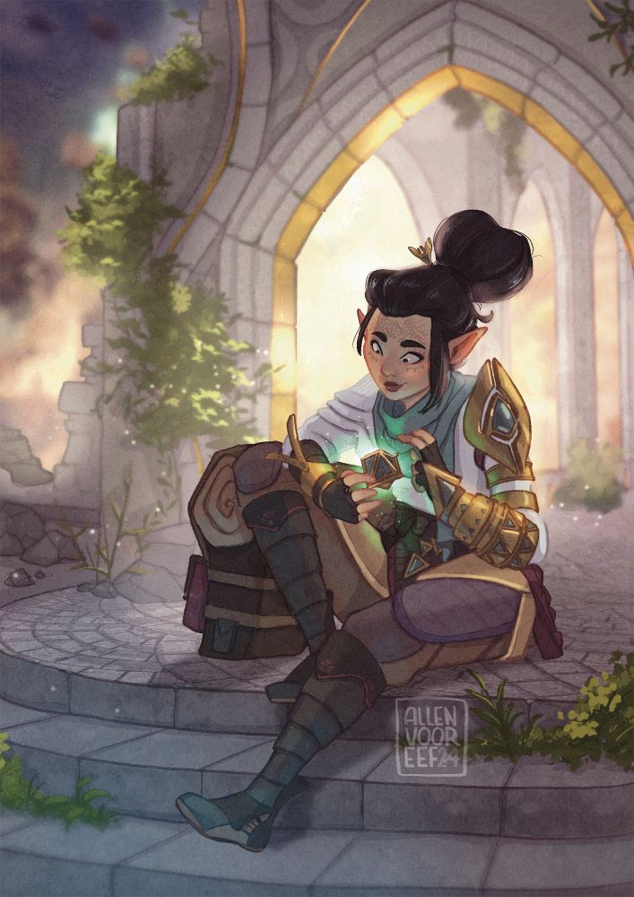 An illustration of Bellara Lutare from Dragon Age: the Veilguard. She's sitting in a ruin in Arlathan, studying an artifact. 