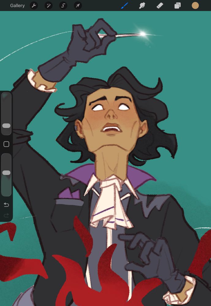 A cropped procreate screenshot of an illustration in progress, depicting Occtis Tachonis from Critical Role campaign 4. He looks up towards a needle he holds above his head.