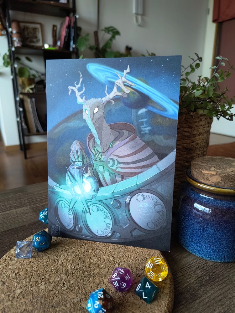 A photo of an A5 print of my Outer Wilds Echoes of the Eye artwork. It depicts an owl like creature with antlers, holding a strange artifact that emits a blue-green light. In the background is a ringed planet.