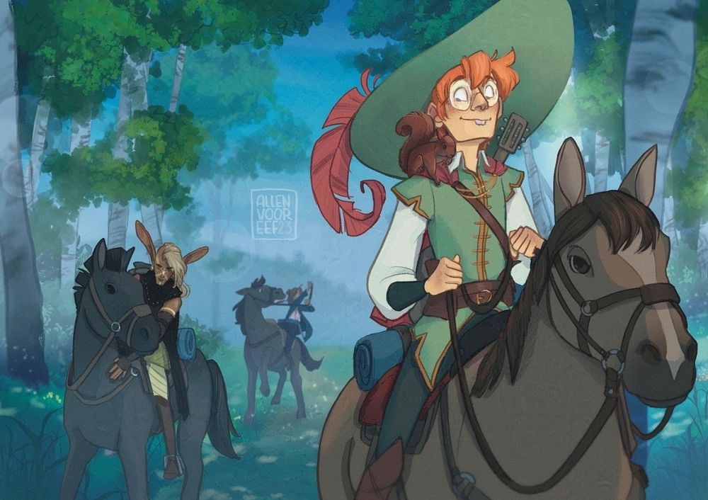 An illustration of my D&D party 'Anyway, Murder'. They're traveling through the forest on horseback with varying levels of success.