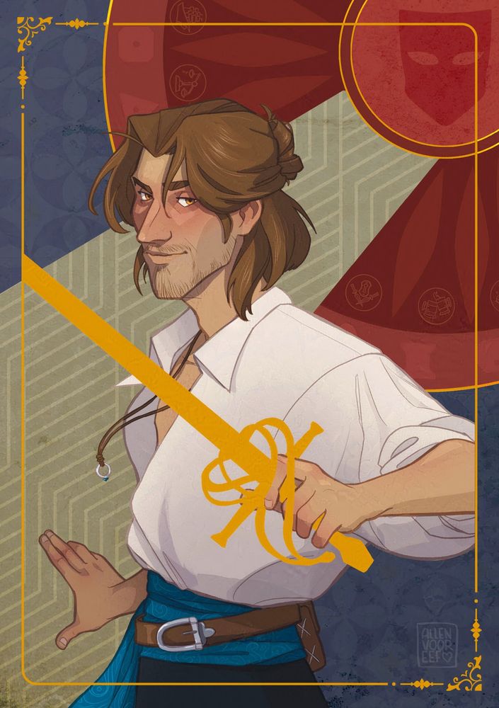 A tarot card style illustration of Raiden, my D&D rogue. He wears a big white billowy shirt and a ring on a cord around his neck. He wields a golden rapier and is turning around to face the viewer.