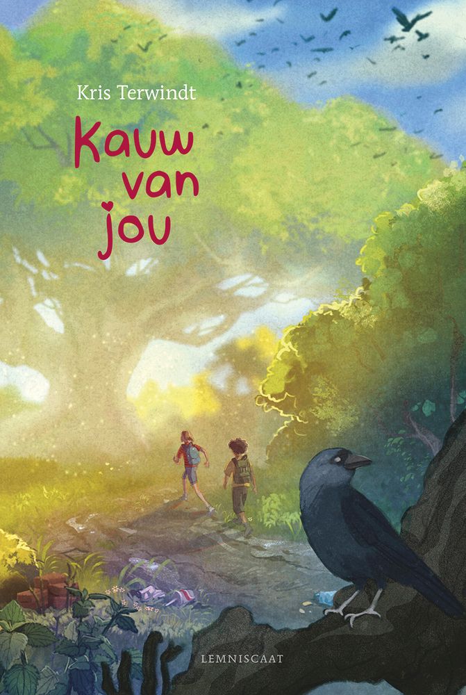 Cover for 'Kauw van jou' by Kris Terwindt. It depicts two protagonists moving towards a big tree in the distance, passing a bunch of trash that litters the area. In the foreground we see a jackdaw perches on a branch, and in the background there is a flock of jackdaws taking off from the big tree. 
