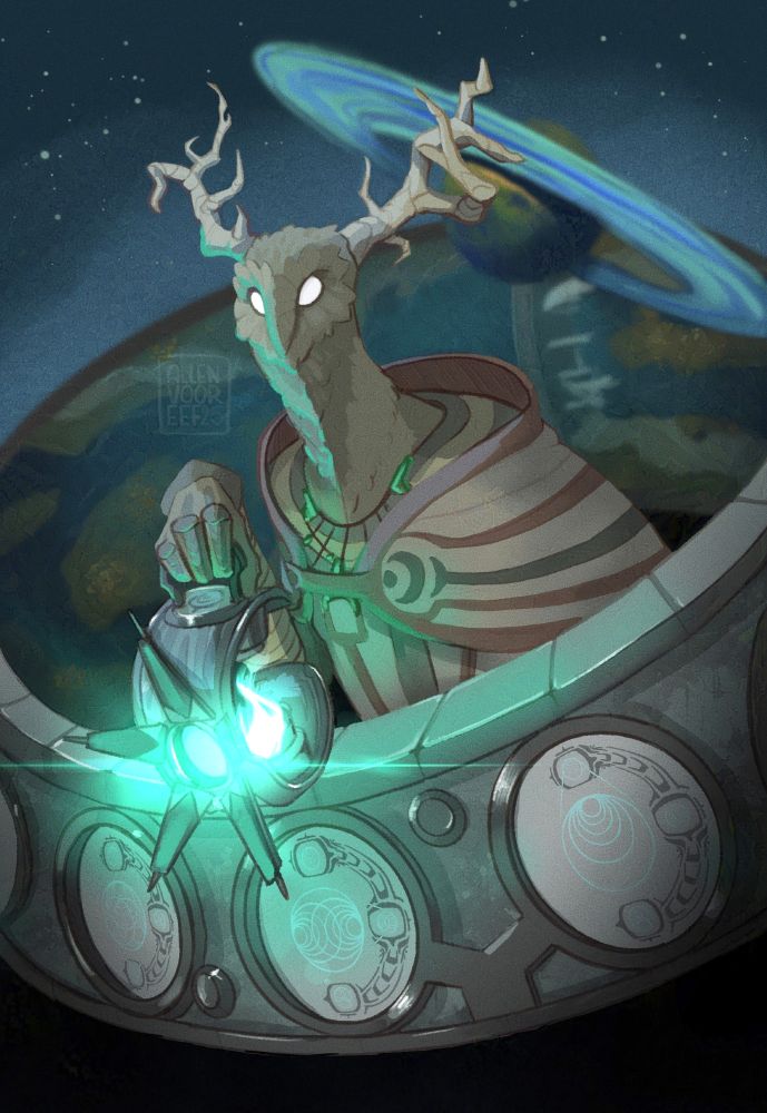 An illustration of an owl like creature with antlers holding a strange artifact with a blue-green light inside. In the background is a ringed planet.