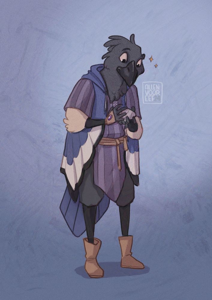 My Divine Soul Sorcerer, Mus. He is a bird-like humanoid wearing a poncho that resembles magpie wings,and he's holding a rock which he's observing with great interest.