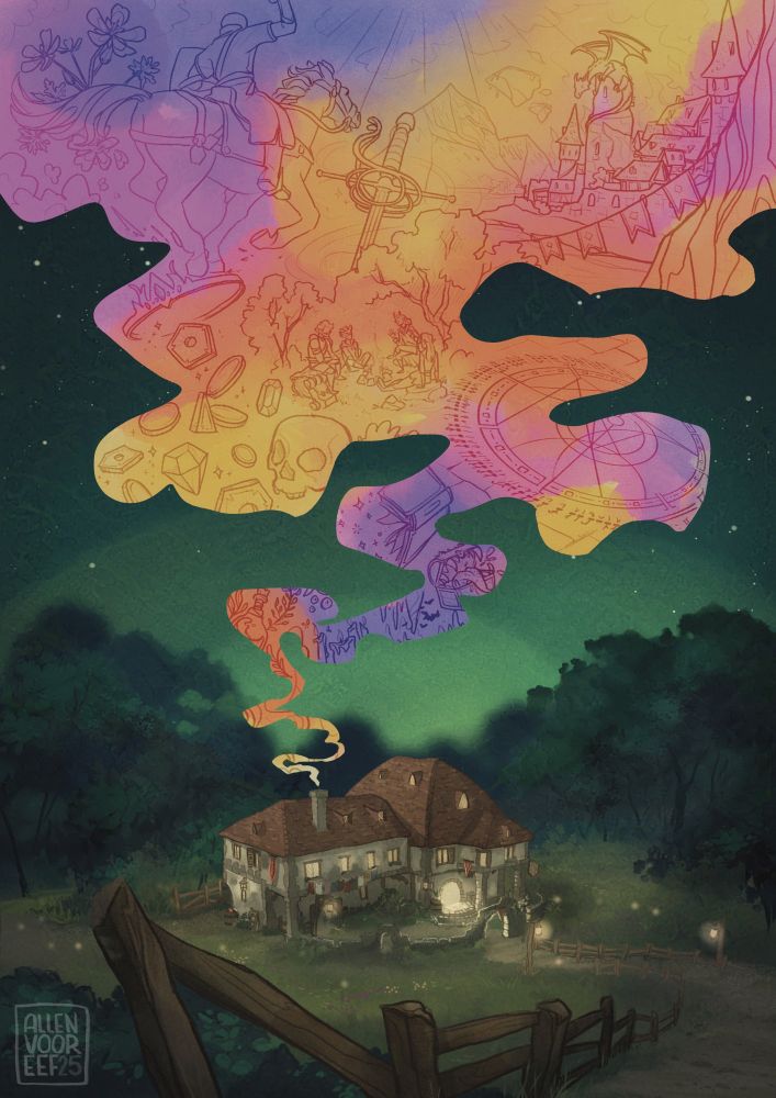 An illustration of a tavern in a clearing in the woods, seen from a distance. Out of the chimney flow brightly colored clouds overlaid with drawings of battles, loot, magic and other typical themes from fantasy adventures.