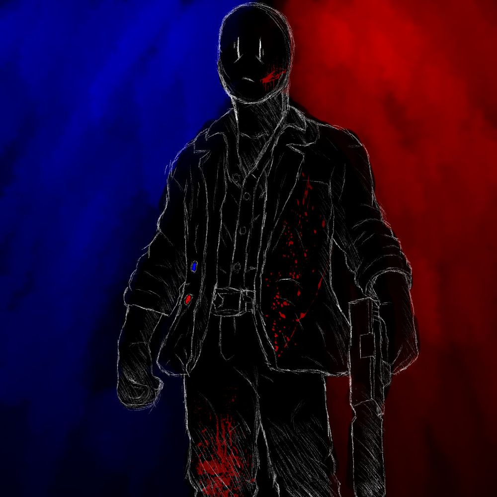 Smileman (OC) in a realistic style, wearing an unbuttoned suit jacket and wielding a suppressed handgun like an assassin. He's covered in blood and has a stressful expression on his face