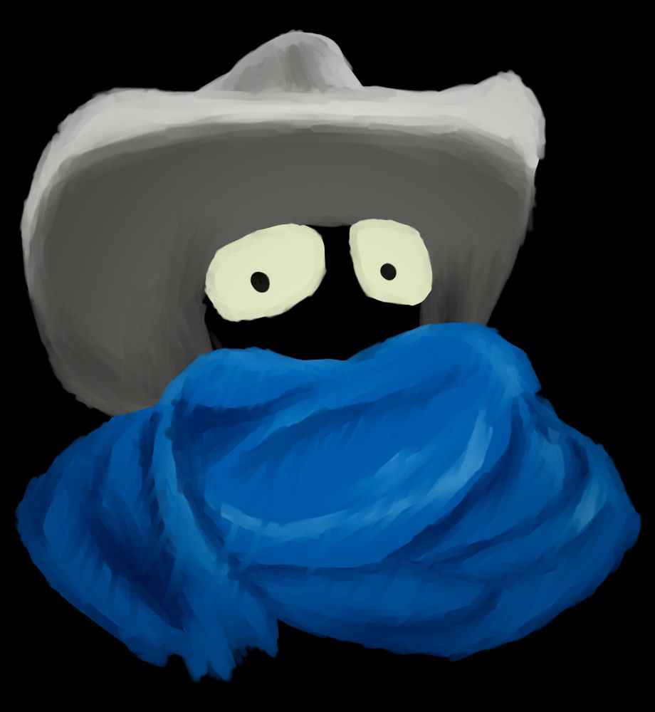 A mysterious cowboy character with big eyes, a large white cowboy hat, and a big blue scarf