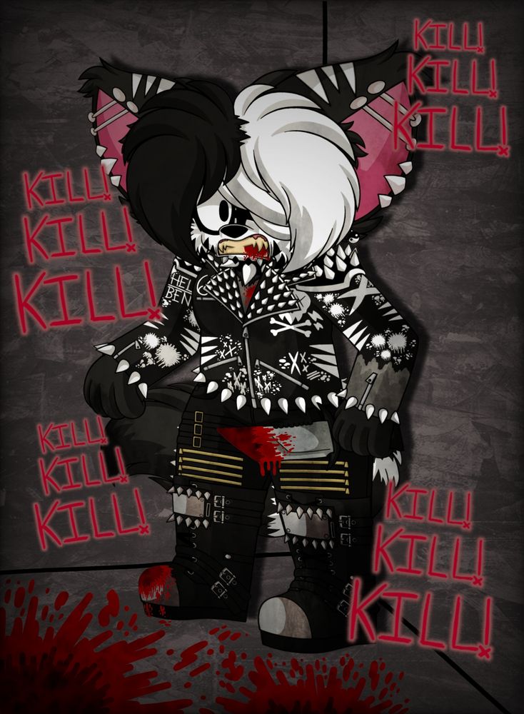 Null (my fursona, a wolf/tiger hybrid), standing in a corner of a room holding a blood soaked knife and donning a frantic facial expression. There are large pools of blood on he floor, implying they have killed someone. Their mouth is also bloody.