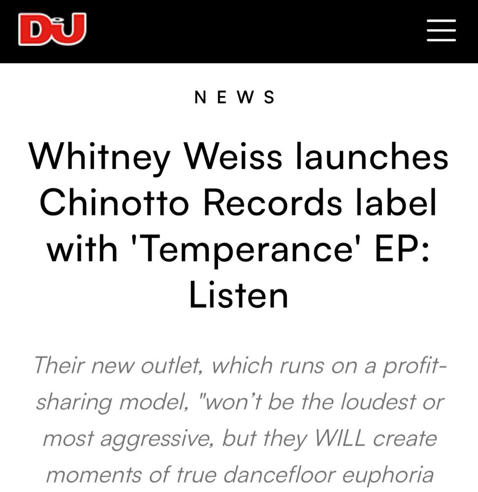 DJ Mag news article with headline about Whitney Weiss launching Chinotto Records and a press photo of a brunette woman with short hair and makeup looking at the camera.