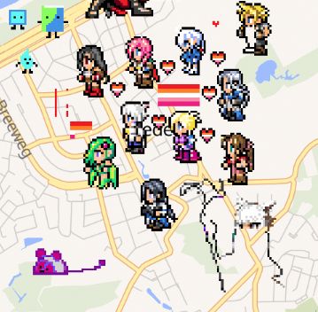 Screenshot of wplace.live on the belgian coast, showing a pixel art lesbian pride flags, hearts and sprites of Tifa, Lightning, Alisaie, Y'shtola, Minfilia, Ysayle, Rydia, Jill, Tifa, with a work-in-progress larger Y'shtola and Cloud in the southeast and northeast respectively.