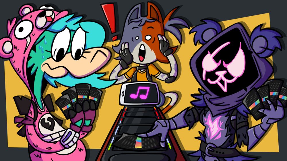 An alpaca dressed as cuddle team leader plays a card game against raven team leader while cate meowdy watches 