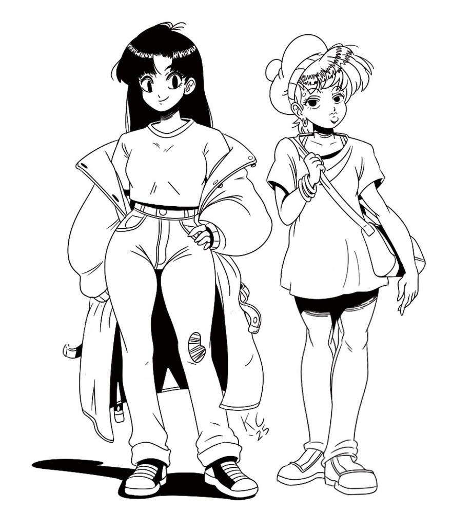 A inked illustration of two anime girls. One has black hair and a baggy coat. The other girl is shorter and has a baggy shirt and poofy hat. She's carrying a purse