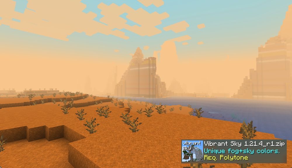 An image showcasing the fog colour respecting the fog colours defined through the Polytone mod by the "Vibrant Sky" resource pack, available on Modrinth.